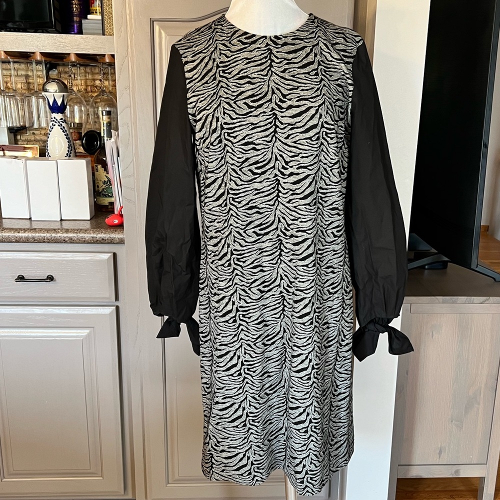 Escada Sport Gray and Black Animal Print Long Sleeve Shift Dress